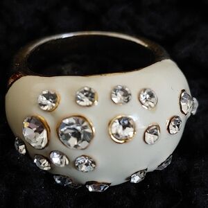 Brighton white enamel and rhinestone gold dome ring, size 6.5.